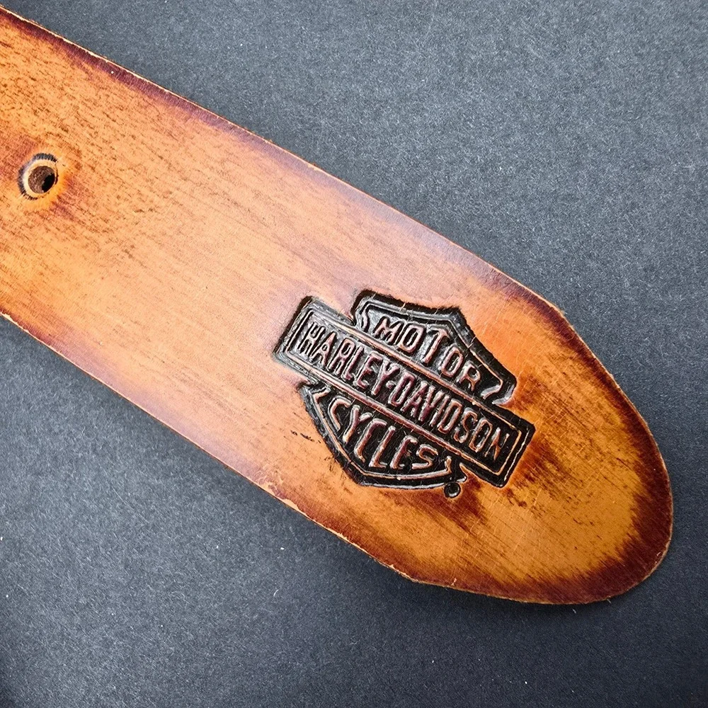 Harley-Davidson Mens Brown Leather Belt 34 Embossed Logo Oval Buckle Made in USA